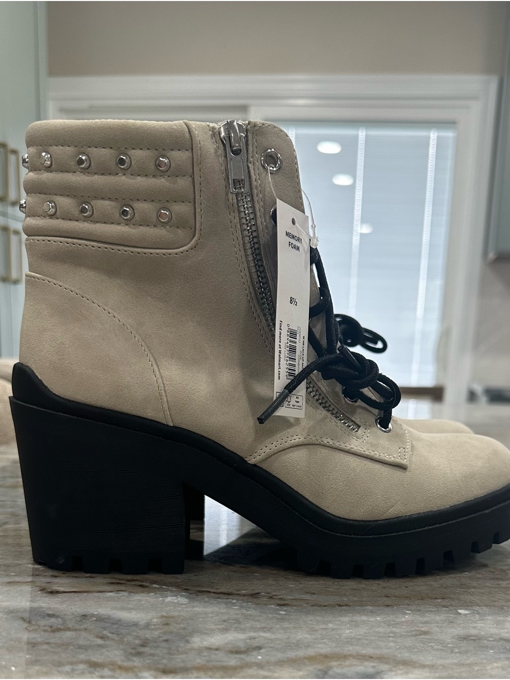 No Boundaries Beige Lace-Up Platform Ankle Boots with Stud Detail